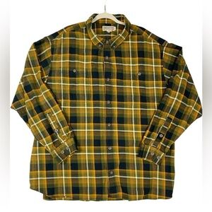 Duluth Trading Co flannel tartan plaid 3XL gold and olive button down soft gorp